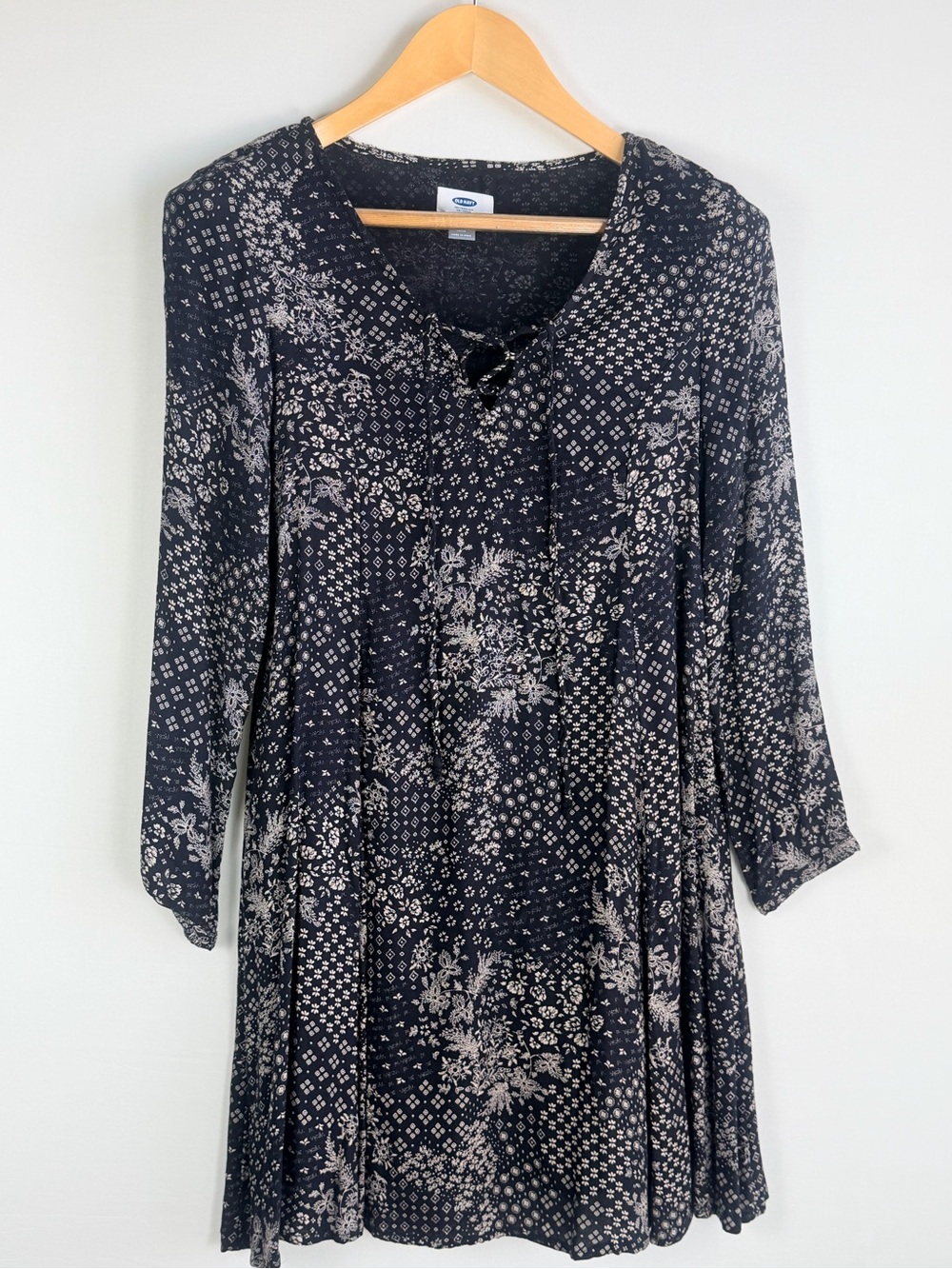 Old Navy Petite Small Black Floral Patchwork Lace Up Swing Dress
